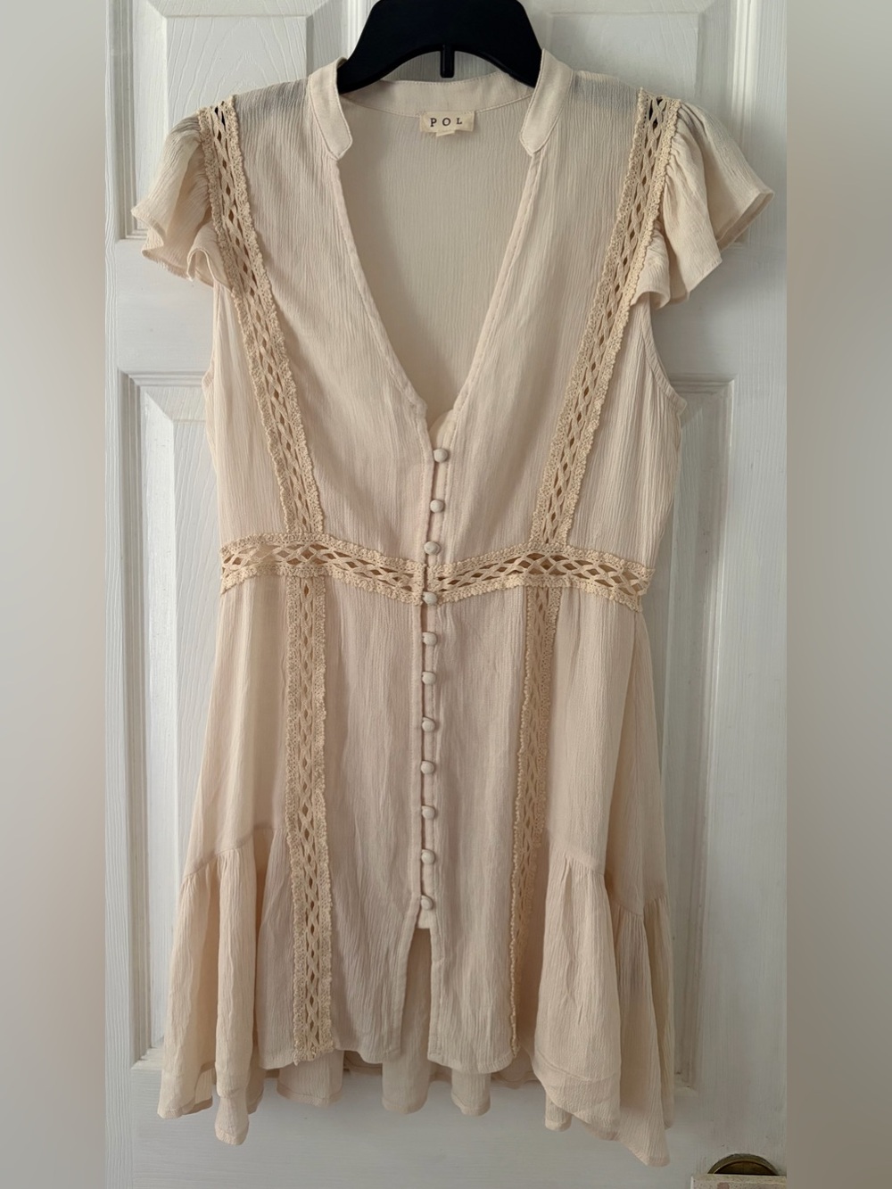 POL Cream Lace-Trim Midi Dress with Covered Buttons